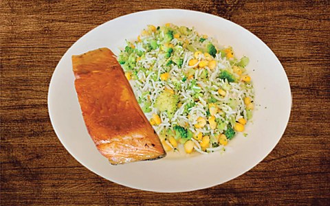 Grill Salmon with Mix Corn Broccoli Rice